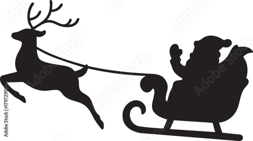 Santa Claus Sleigh and Flying Reindeer Silhouette Vector