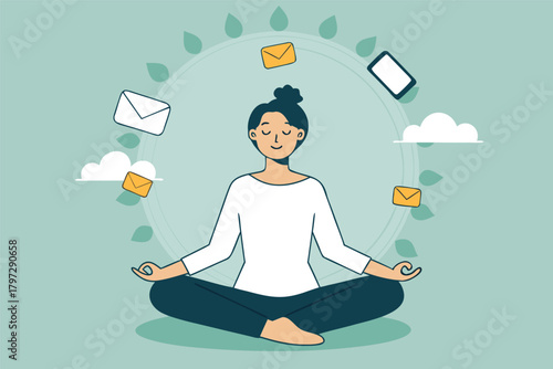Person meditating serenely amidst a chaotic digital storm of phone notifications, highlighting the struggle for inner peace.