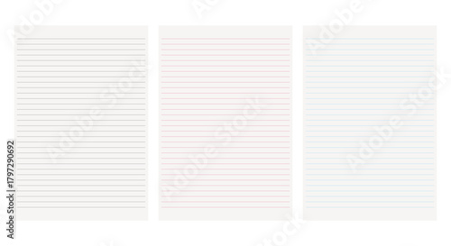 Set of Three Notebook Pages with Horizontal Lines, Vector Illustration, Gray, Pink and Blue Colors, A4 Format, Design Template for Notes and Sketches
