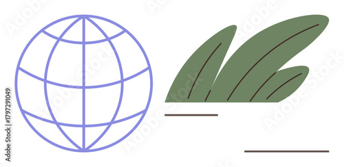 Planet grid paired with abstract green leaves showcasing nature and global connection. Ideal for sustainability, ecology, environment, renewable energy, innovation, global care, and balance. A simple