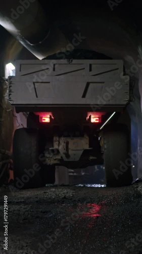 Large construction trucks working inside a tunnel