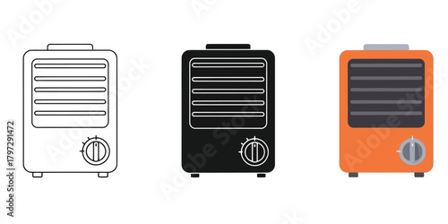 Space heater appliance Vector Set in Three Styles — Line Art, Silhouette and Color Version providing warmth and comfort during cold weather with adjustable thermostat
