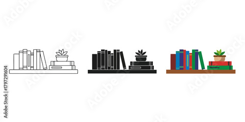 Minimalist Bookshelf Illustration Vector Set in Three Styles — Line Art, Silhouette and Color Version with Books and Potted Plant Ideal for Backgrounds and Creative Designs