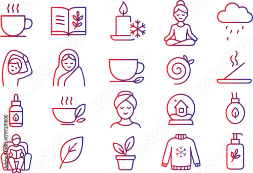 Collection of wellness and self care icons, featuring elements of relaxation, mindfulness, and personal well being