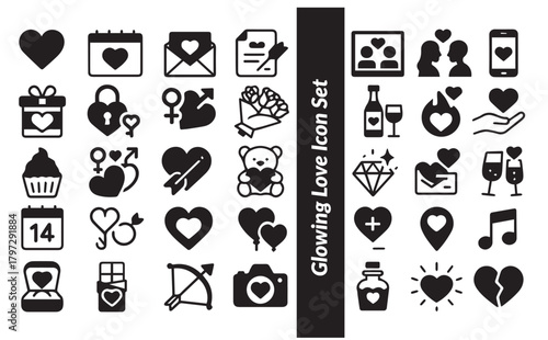 Glowing Love Icon Set. Valentine's Day, Romance, Dating, and Relationship Solid Icons Collection. Anniversary, Wedding and Gift Symbols.