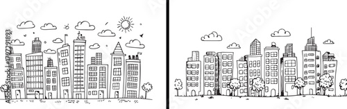 City Illustration Art, Urban Building Drawing, Skyline Vector Design, Hand Drawn Architecture Sketch, Modern City Artwork, Black and White Urban Design, Minimal Architecture Illustration, Skyscraper V