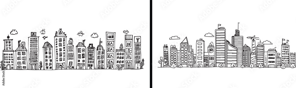 Obraz premium building doodle art, urban architecture vector, real estate design sketch, construction line artwork, city skyline illustration, modern building drawing, creative architecture design, black white bui