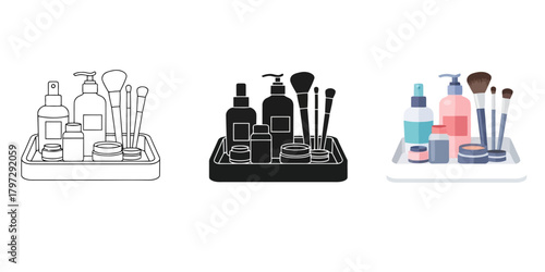 Cosmetic products Vector Set in Three Styles — Line Art, Silhouette and Color Version perfect for beauty and skincare routine depictions