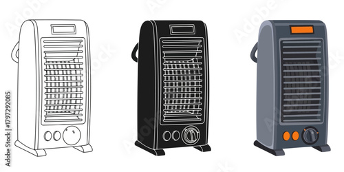 Portable Space Heater Vector Set in Three Styles — Line Art, Silhouette and Color Version for Home Heating and Comfortable Living Style Concept