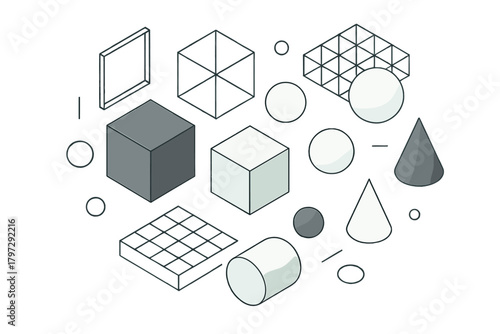 Minimalist isometric geometric shapes pattern featuring cubes spheres and cones on white background