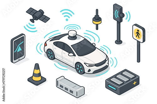 Isometric autonomous vehicle system with sensors, GPS, and electric battery components