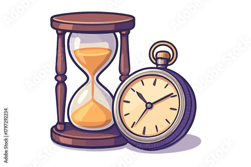 Classic hourglass sand timer and vintage pocket watch symbolizing time measurement and deadlines