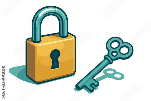 Golden security padlock with a shiny metal shackle and an antique skeleton key nearby