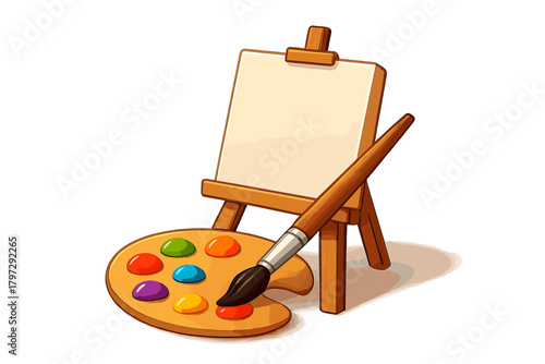 Wooden easel, blank canvas, artist palette, colorful paint, and paintbrush