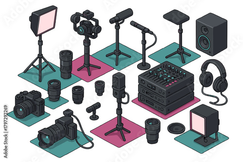 Professional filmmaking, photography, and audio recording studio equipment set
