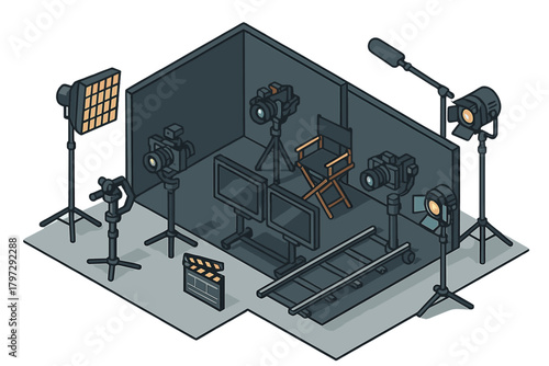 Isometric professional film production studio setup with cameras, lighting, and sound equipment