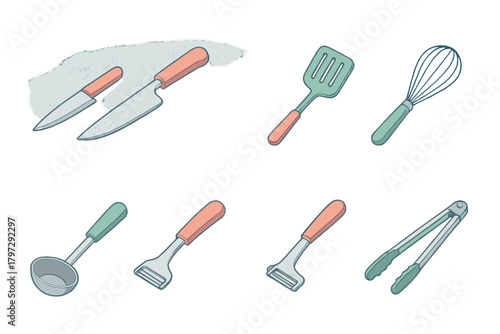 Essential kitchen utensils set featuring chef knives, spatula, whisk, ladle, and serving tongs