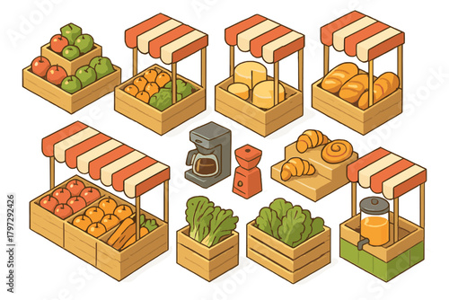 Isometric farmer market stalls, fresh produce, bakery, and dairy food items