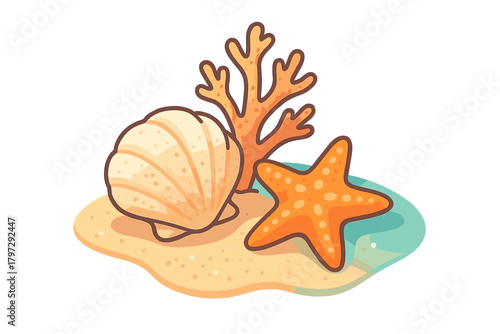 Seashell, starfish, and coral arrangement on sand and water for summer beach theme