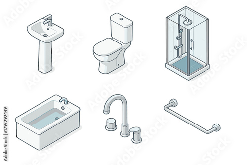 Isometric set of modern bathroom fixtures: sink, toilet, shower, bathtub, faucet, and grab bar