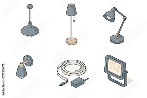 Isometric set of various modern lighting fixtures for home and outdoor use