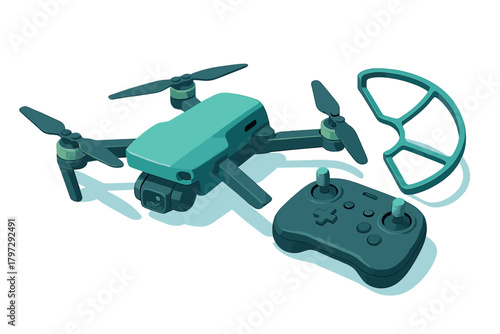 Modern aerial drone quadcopter with remote controller and propeller guard accessory