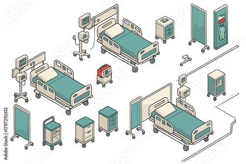 Isometric hospital beds, medical monitors, nightstands, and privacy screens equipment set