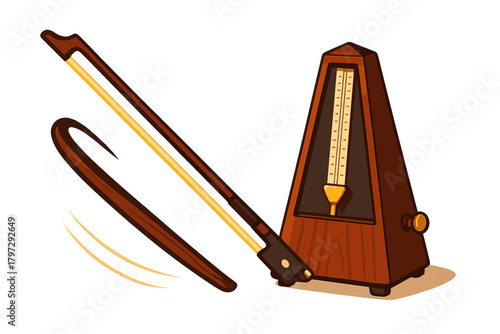 Vintage wooden metronome and dynamic violin bow symbolizing musical timing