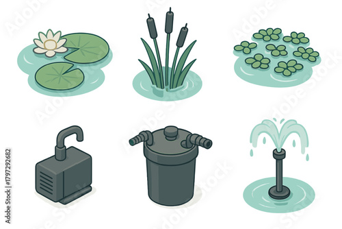 Essential pond equipment and aquatic plants set including pump, filter, fountain, lily, and cattails