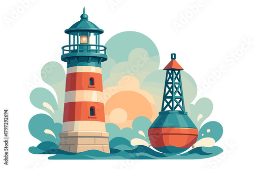 Traditional red and white striped lighthouse standing next to a navigational sea buoy in the ocean