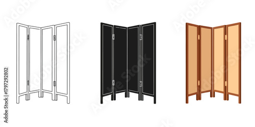 Folding Screen Room Divider Vector Set in Three Styles — Line Art, Silhouette and Color Version in Simple Design Element with Interior Decor Potential