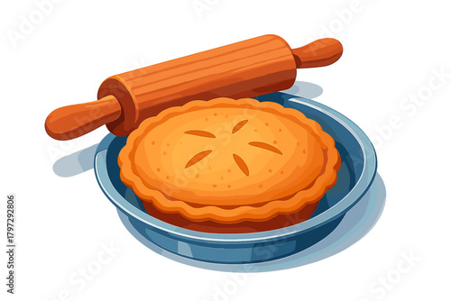 Freshly baked golden pie in a blue dish with a wooden rolling pin on a white background