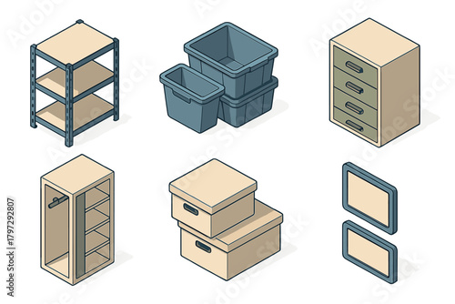 Isometric collection of various storage solutions including shelves, drawers, and boxes
