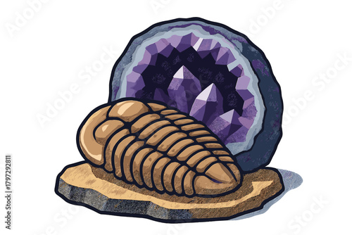 Ancient trilobite fossil resting on rock next to a sparkling purple amethyst geode crystal formation
