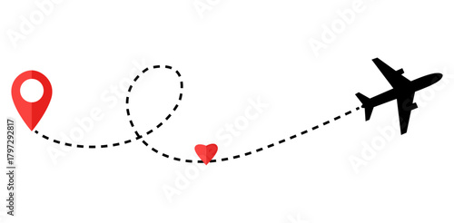 Airplane Flying to Love Travel Route Destination Heart Holiday Journey Romantic Aviation Vacation Planning Travel Icon