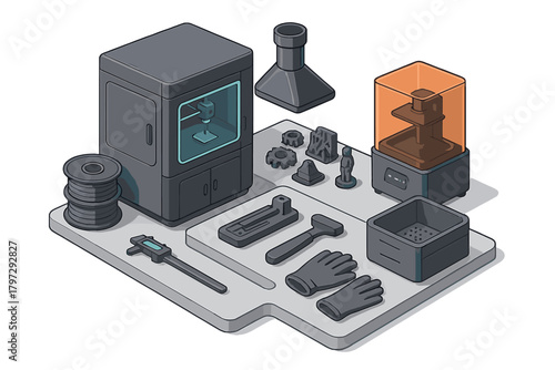 Isometric setup of additive manufacturing equipment, tools, and printed prototypes on a workbench