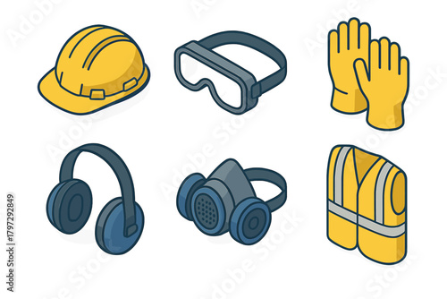 Safety equipment collection hard hat goggles gloves respirator vest and ear protection