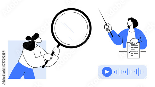 Woman with magnifying glass examines data, man presenting with pointer and document, audio playback icon. Ideal for research, education, analytics, teamwork, presentations, content creation simple