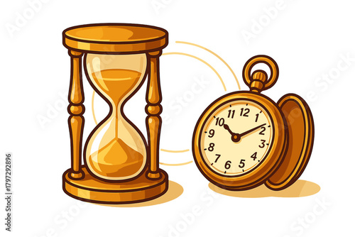 Classic golden hourglass timer with flowing sand next to an open antique pocket watch