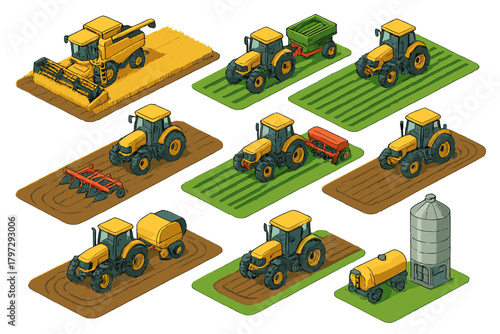 Isometric collection of modern yellow tractors and specialized agricultural machinery