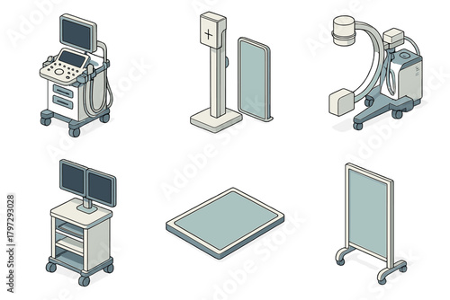 Isometric collection of medical equipment including ultrasound machine C-arm and protective barriers