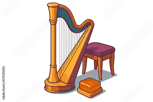 Ornate golden concert harp and matching cushioned stool with a foot pedal accessory