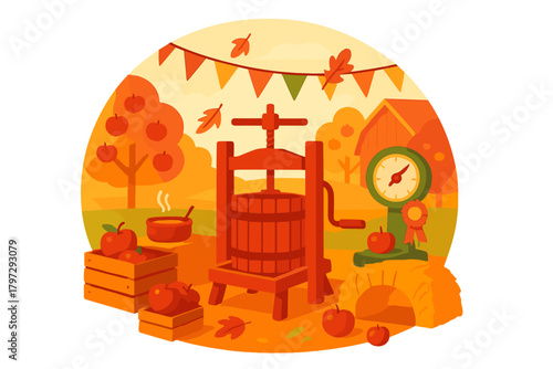 Autumn harvest scene featuring a traditional wooden cider press and fresh fruit