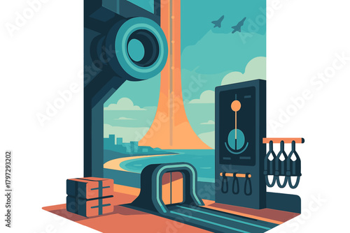 Futuristic industrial facility opening to a coastal landscape with energy beam and distant city skyline