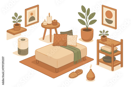 Isometric view of cozy home interior elements including plants, candles, and comfortable furniture for relaxation and self-care