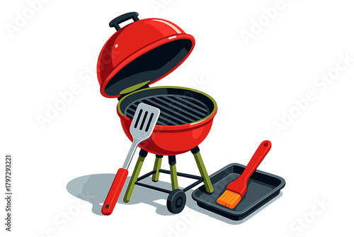 Classic red charcoal kettle grill with cooking spatula and basting brush accessory set