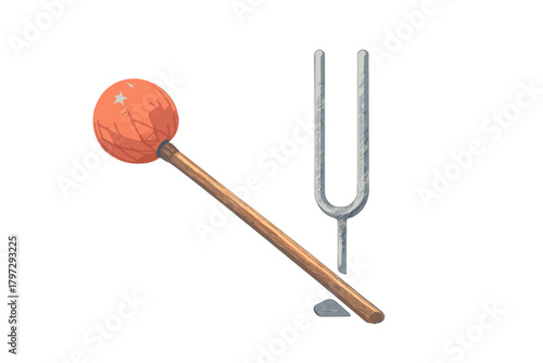 Classic silver metal tuning fork standing upright next to a wooden handled percussion mallet