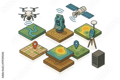Geospatial data collection technology featuring drone, total station, satellite, GPS, and layered topographic maps