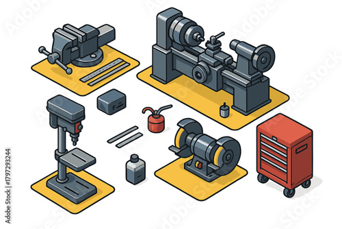 Isometric set of metalworking machinery and tools: lathe, drill press, grinder, vise, and tool cabinet