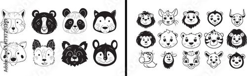  forest animal heads, wildlife doodle art, woodland illustration vector, wild creature sketch, nature eco design, animal head outline, kids wildlife education, black white art, forest cartoon set, cre